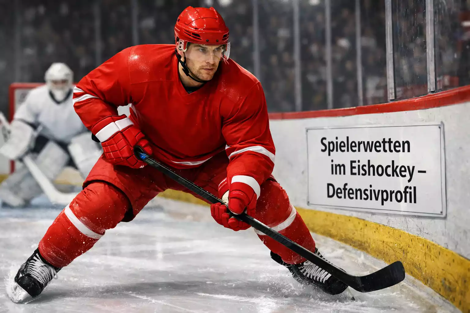 Deutscher NHL-Verteidiger in Defensivposition auf dem Eis