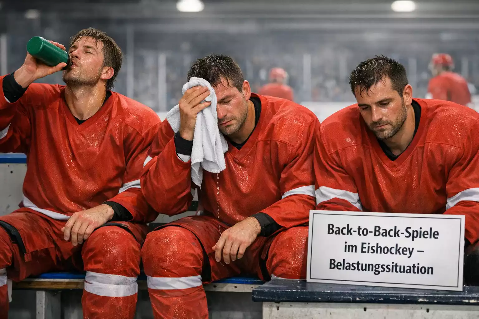 Müde Eishockeyspieler auf der Bank während eines NHL-Spiels