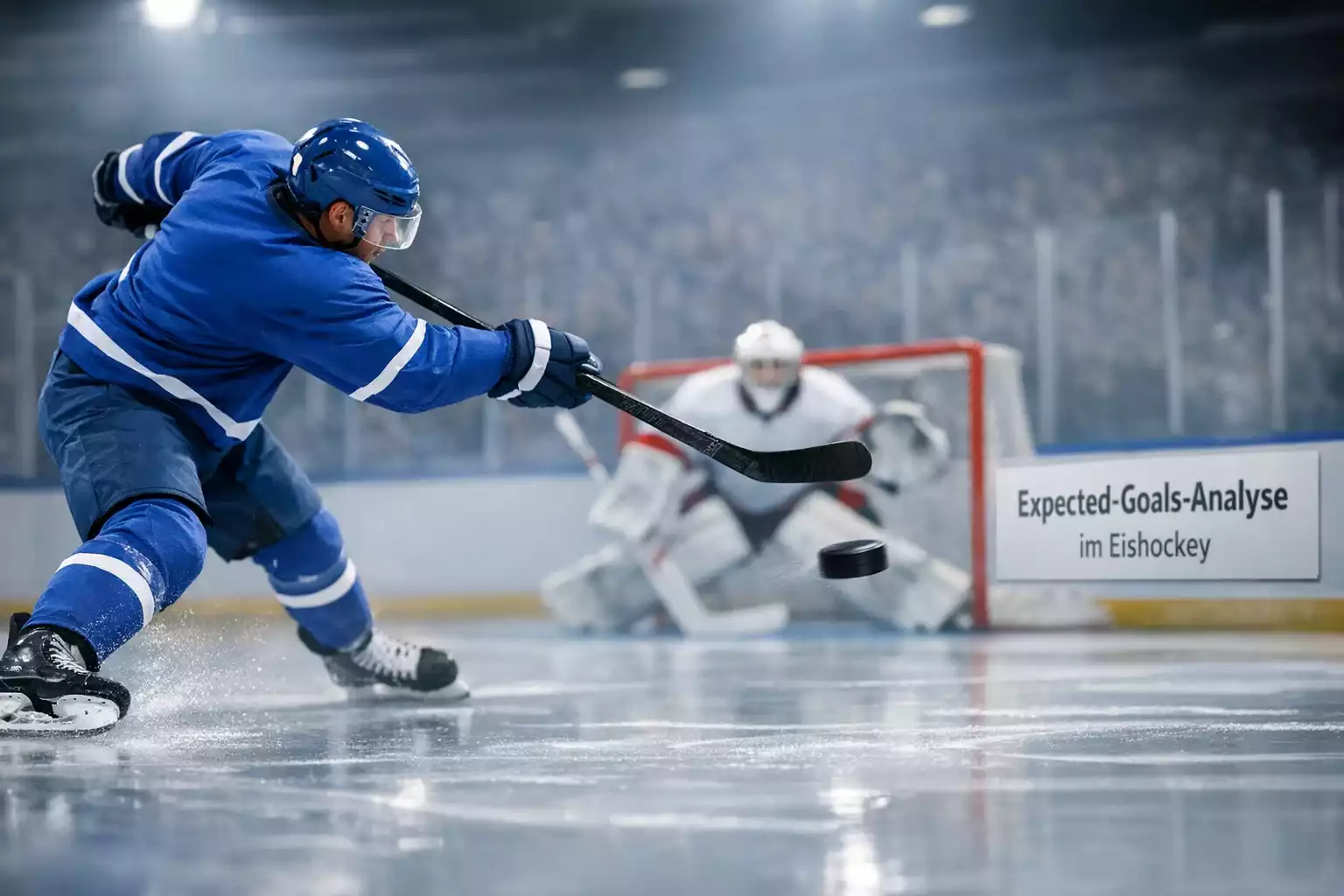 Eishockeyspieler schießt auf das Tor während eines NHL-Spiels