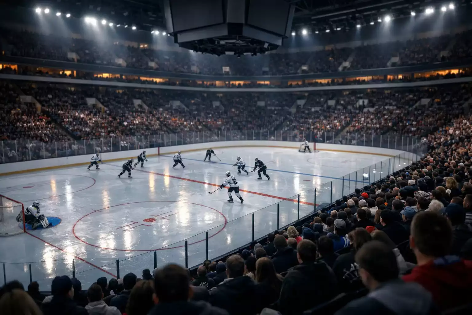 Beleuchtete NHL-Eishockeyarena während eines spannenden Spiels