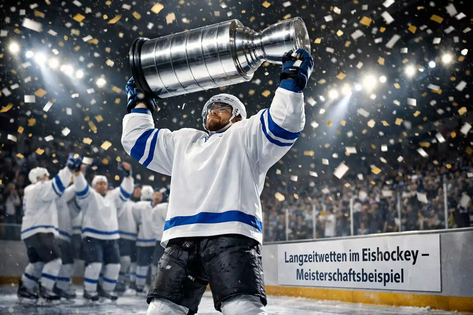 Eishockeyteam feiert mit dem Stanley Cup Pokal auf dem Eis