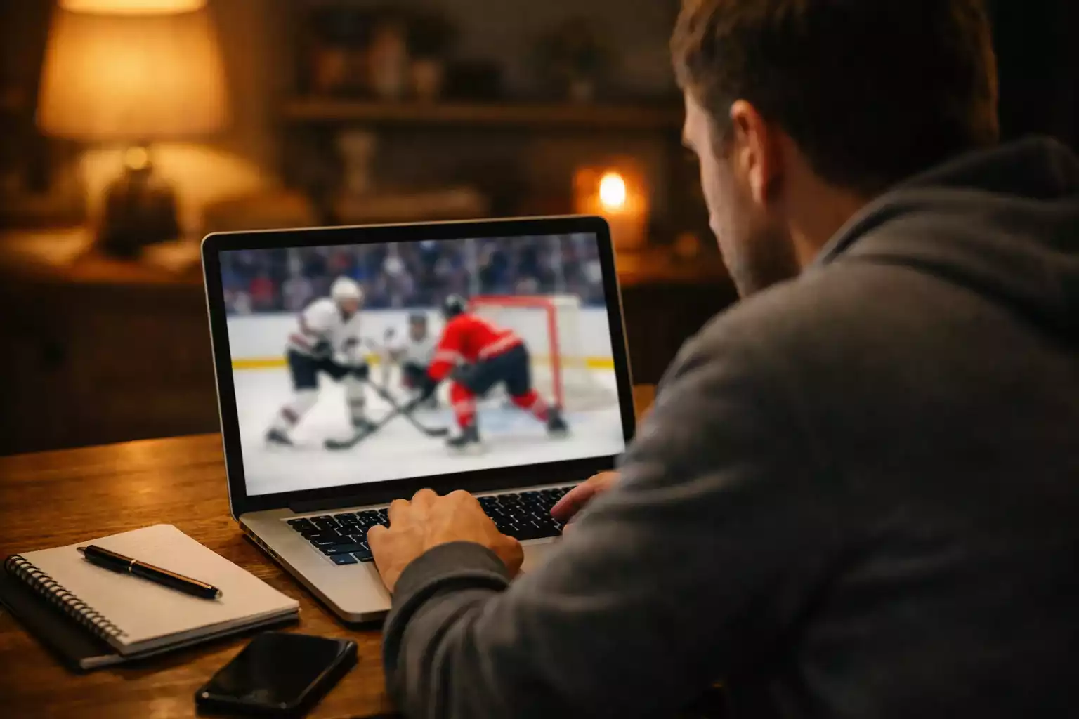 Person schaut ein Eishockeyspiel auf einem Laptop