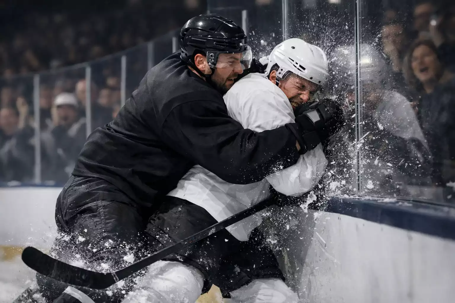 Harter Bodycheck zwischen zwei Eishockeyspielern an der Bande