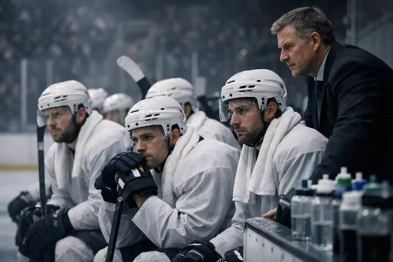 Ersch&ouml;pfte Eishockeyspieler auf der Bank w&auml;hrend einer Spielpause