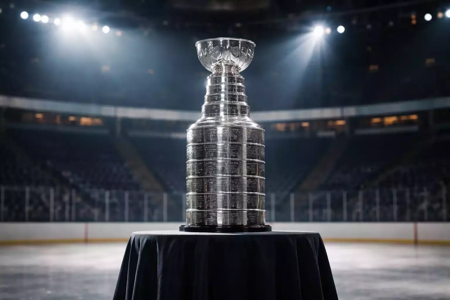 Die Stanley Cup Troph&auml;e auf einem Podest in einer Eishockeyarena