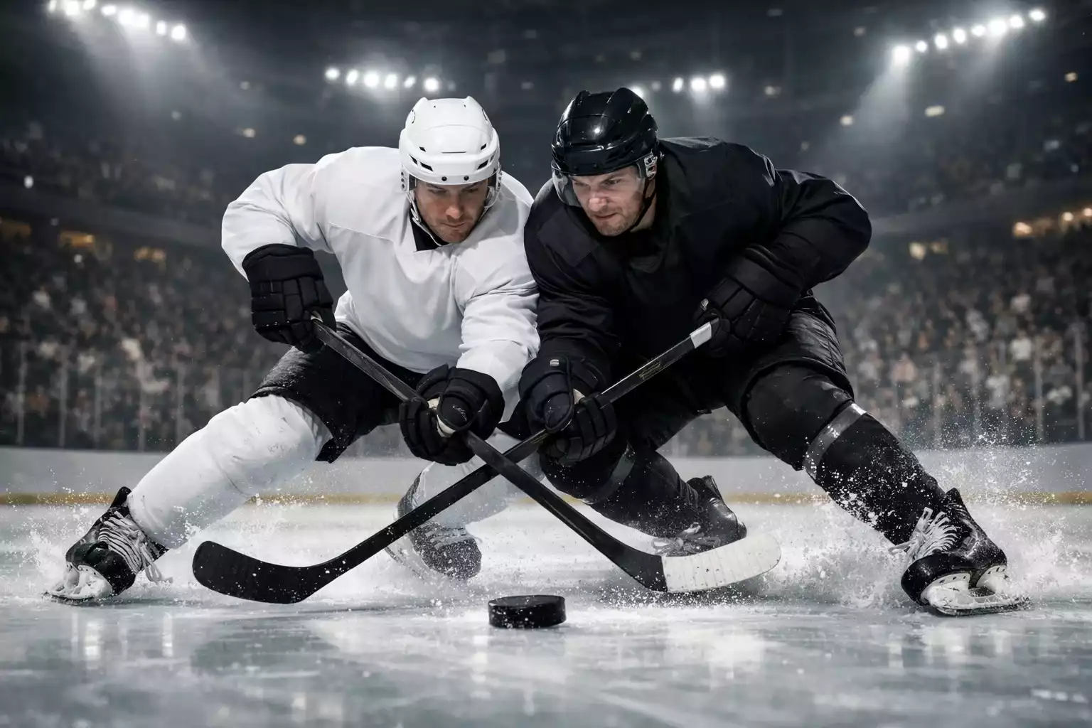 Eishockeyspieler kämpfen intensiv um den Puck während eines Playoff-Spiels
