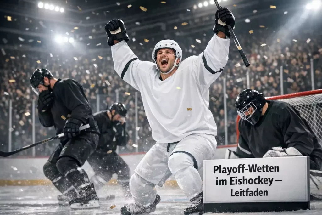 Intensive Playoff-Szene mit jubelnden NHL-Spielern auf dem Eis