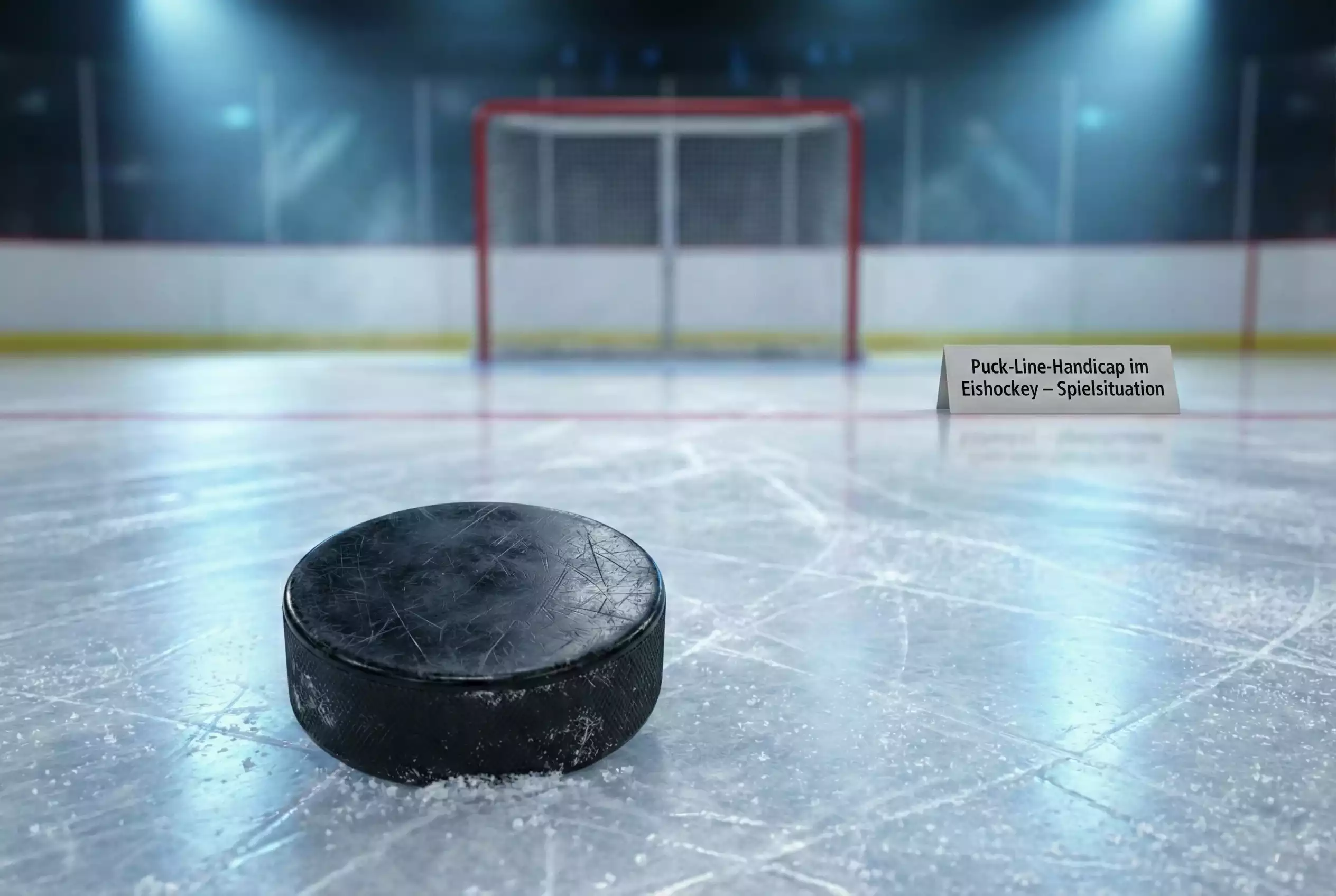 Puck auf dem Eis vor dem Tor während eines intensiven NHL-Spiels