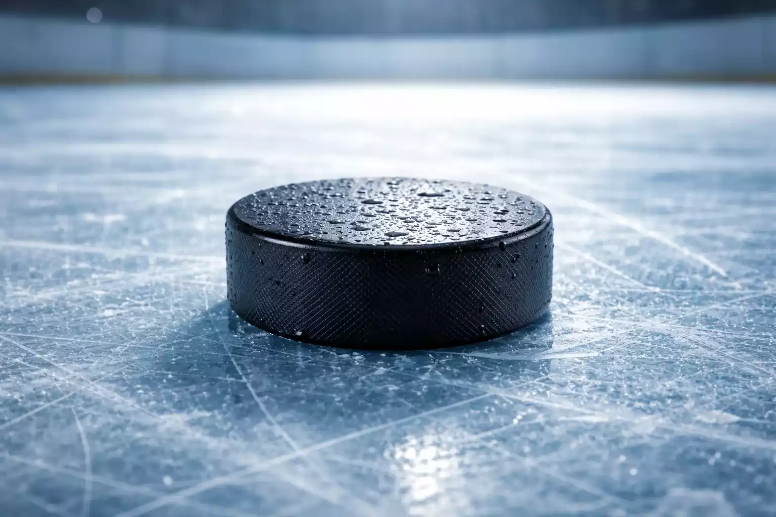Nahaufnahme eines Eishockeypucks auf der Eisfläche