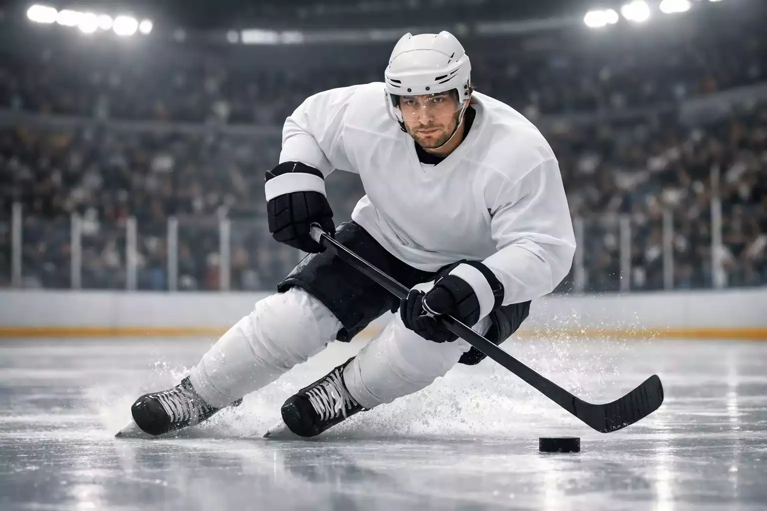 Eishockeyspieler auf dem Eis während eines NHL-Spiels unter Stadionbeleuchtung