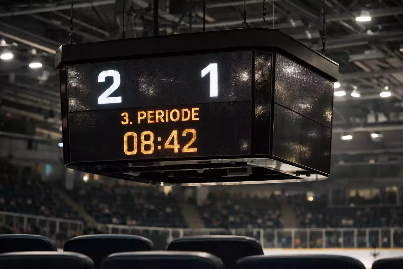 Nahaufnahme einer Anzeigetafel mit wechselndem Spielstand in einer Eishockeyarena