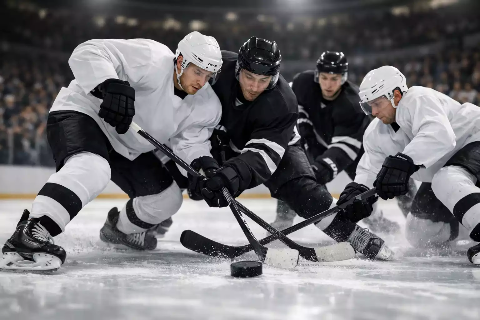 Eishockeyspieler w&auml;hrend eines Spiels mit Fans im Hintergrund