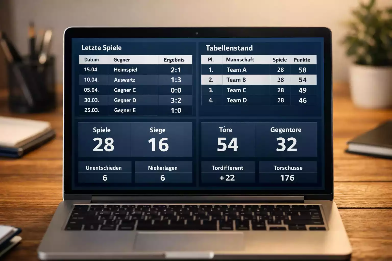 Nahaufnahme eines Laptops mit Sportstatistiken und Zahlen