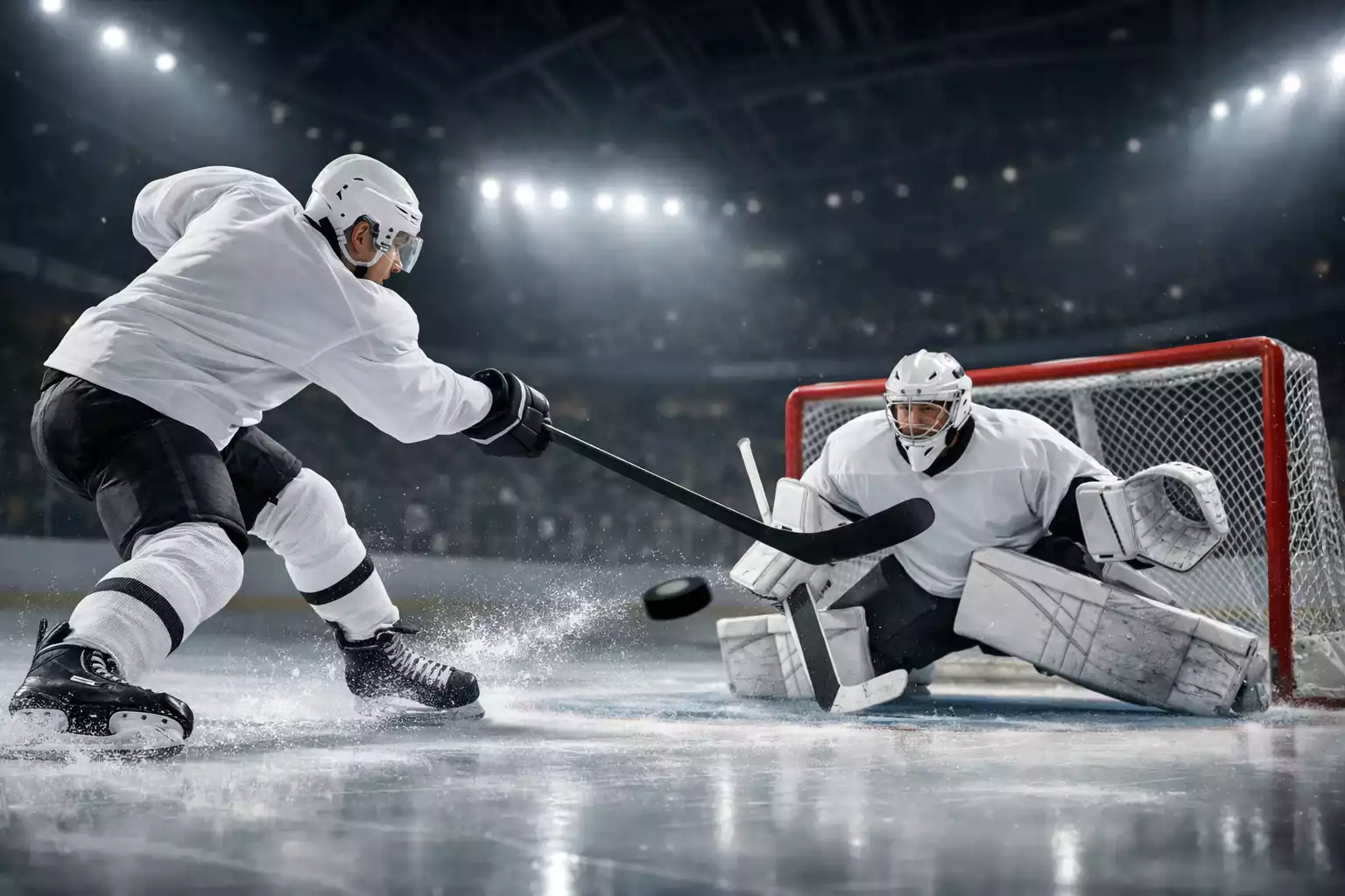 Eishockeyspieler schie&szlig;t auf das Tor w&auml;hrend eines NHL-Spiels