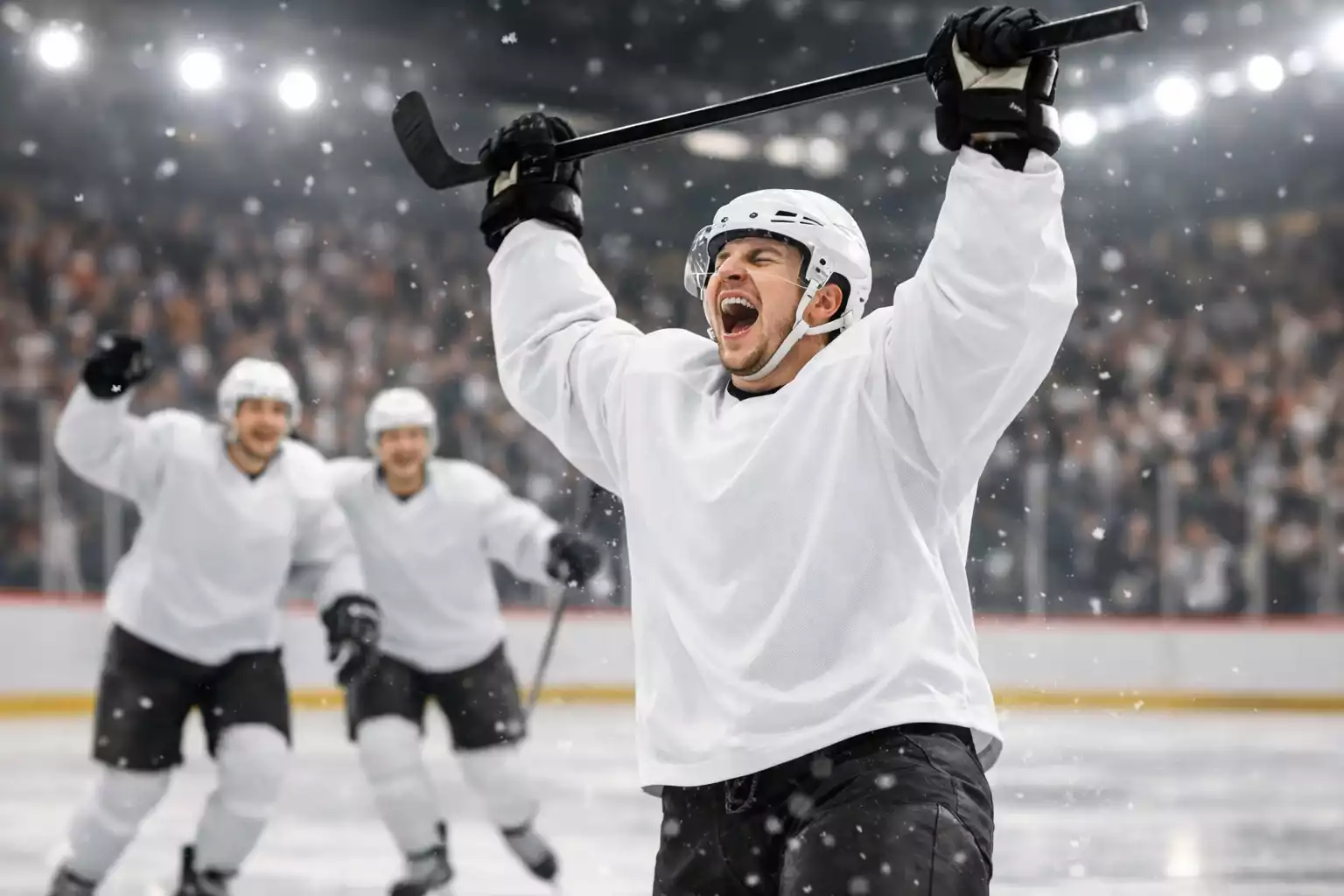 Eishockeyspieler feiert ein erzieltes Tor mit erhobenen Armen