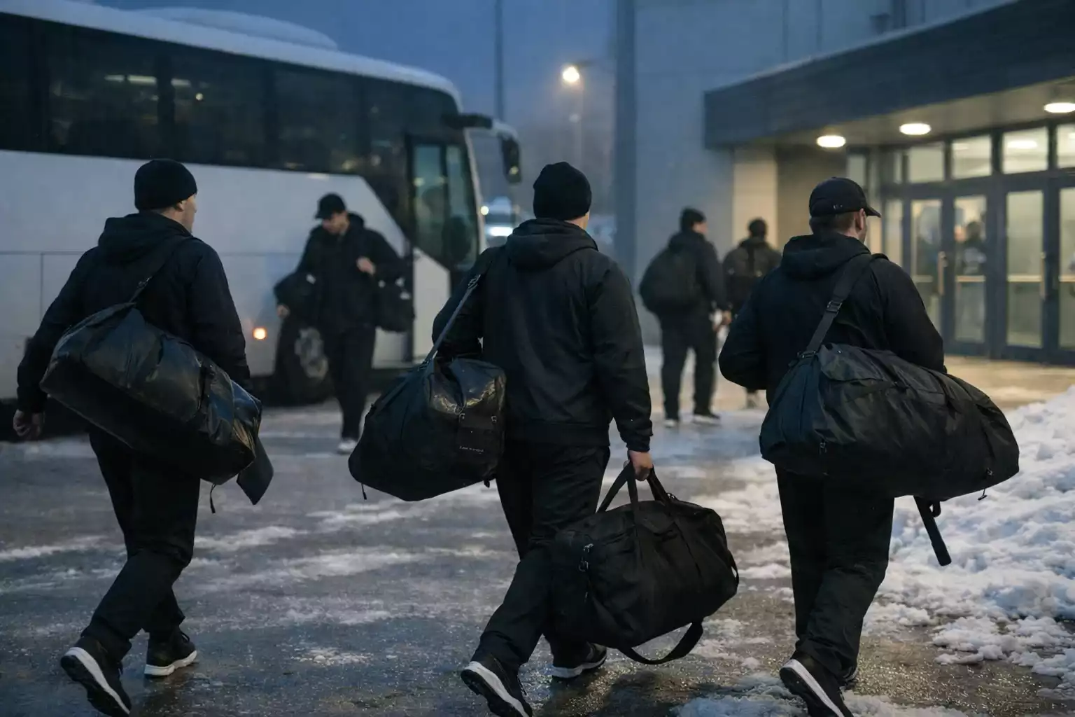 Eishockey-Team verlässt den Mannschaftsbus vor einer Arena