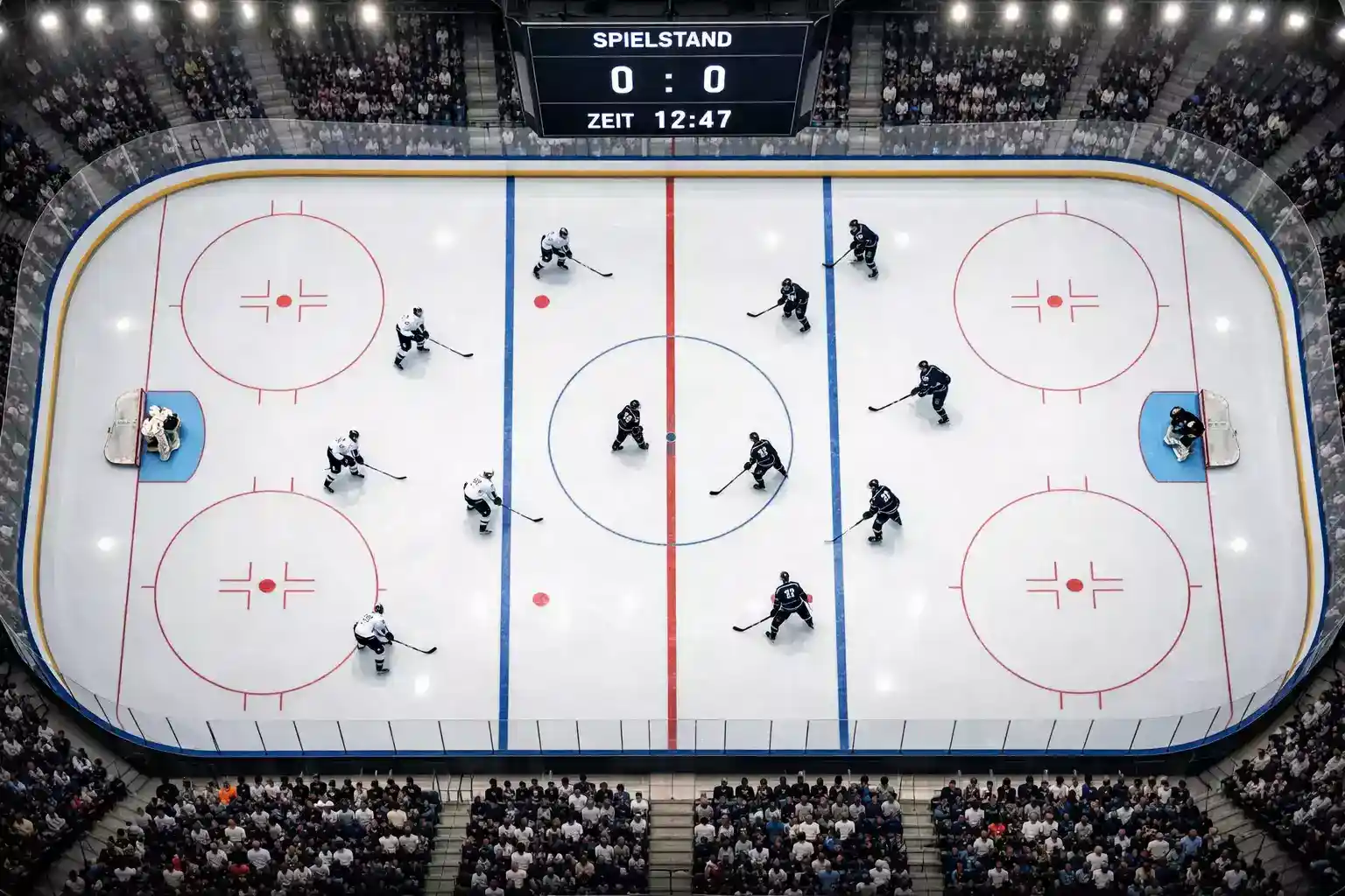 Eishockeystadion mit Spielern auf dem Eis aus der Vogelperspektive