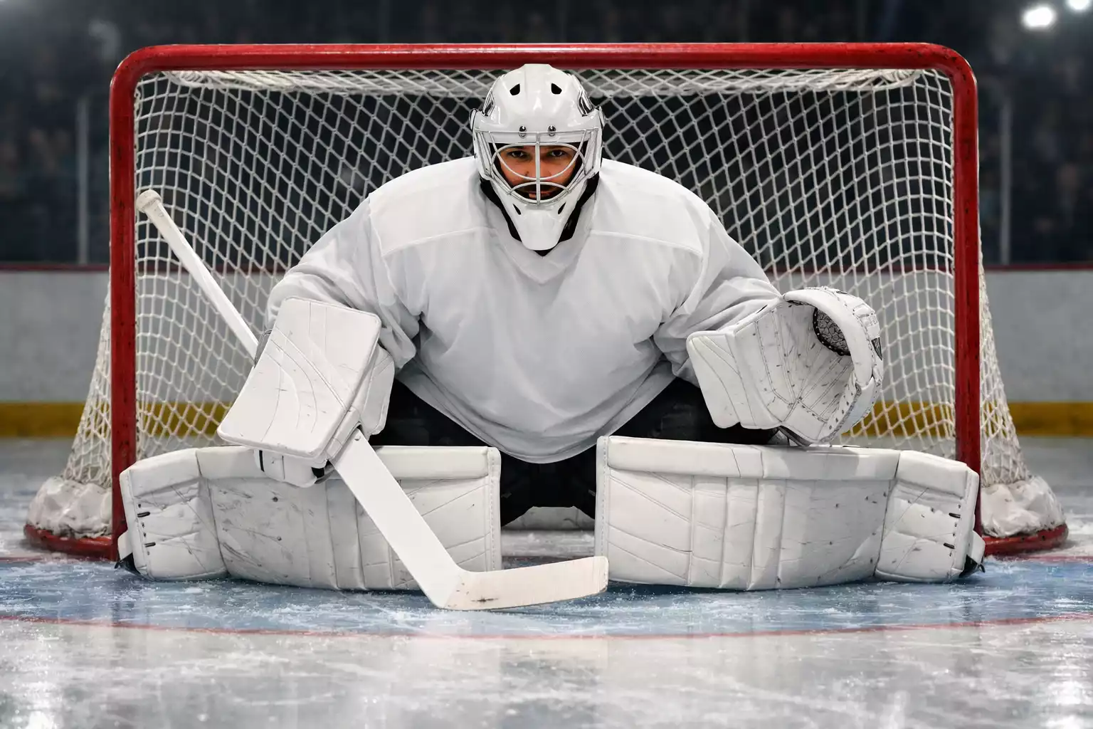 Eishockeytor mit Torhüter in Abwehrposition