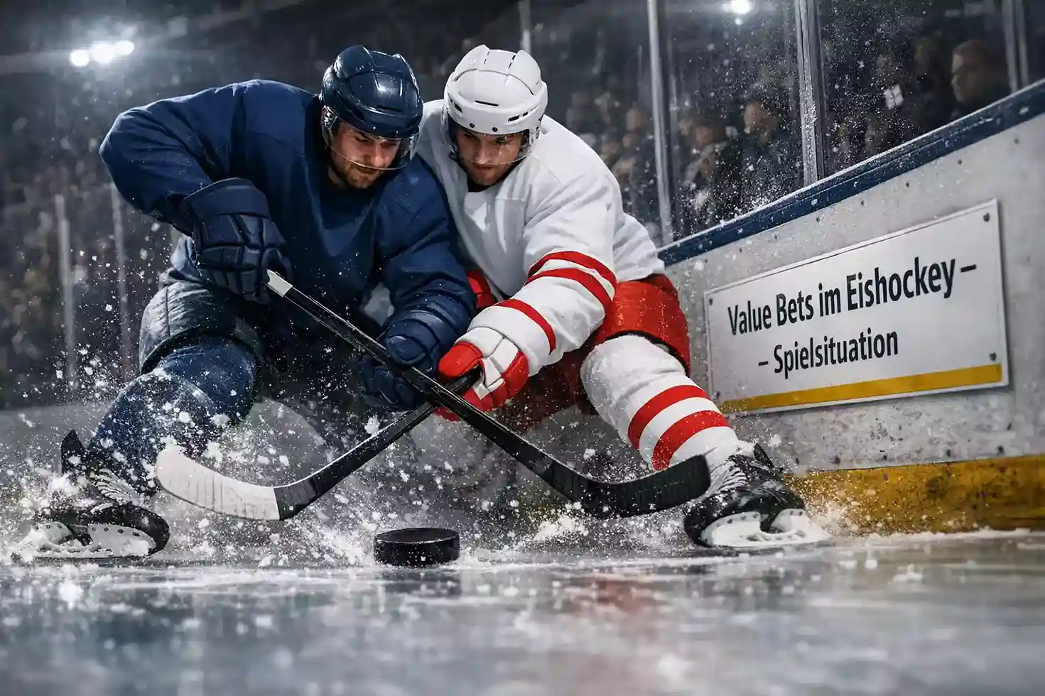 NHL-Spielszene mit zwei Teams im Zweikampf auf dem Eis