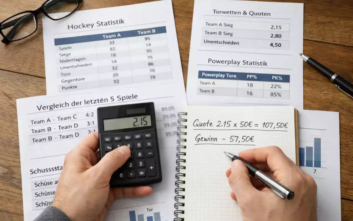 Nahaufnahme von Händen die Notizen machen neben Sportstatistiken