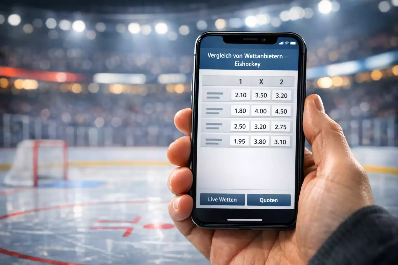 Smartphone mit Sportwetten-App vor NHL-Arena im Hintergrund