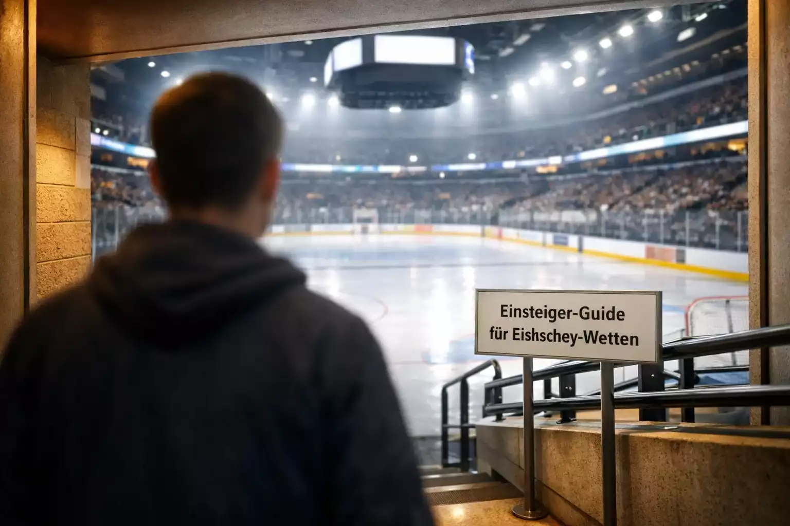 Einsteiger-freundliche NHL-Arena mit Eishockeyspiel im Hintergrund
